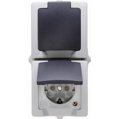 Weather-resistant external enclosure with a grey housing and two black flaps; upper flap closed, lower flap open revealing a power socket.