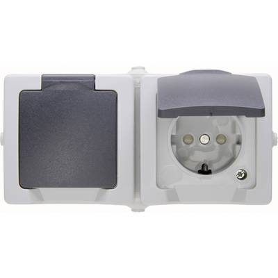 Double socket with two slots; the left one closed, the right one open. Suitable for outdoor use with protective covers.