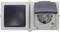 A grey socket with a black switch, flap cover open. Socket suitable for outdoor use.