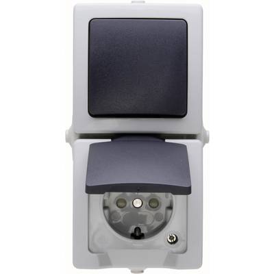 Electrical wall socket with protective cover, grey and black, closed at the top; below, an open socket with a hinged lid, open.