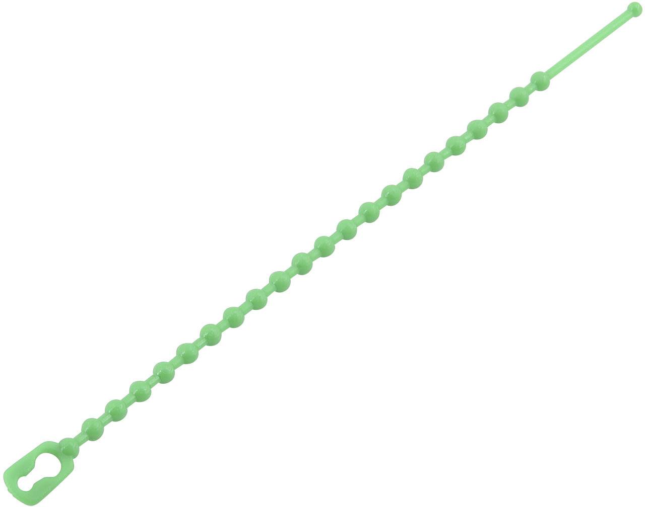 Green, reusable cable tie with a beaded structure, rectangular fastening. Suitable for organising cables.