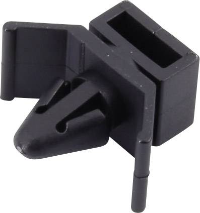 A black plastic plug, geometrically shaped, with a rectangular and conical element, likely for mounting purposes.
