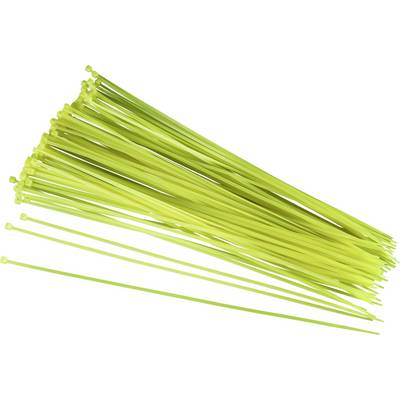 A bundle of yellow cable ties, stacked at varying lengths, on a white background.