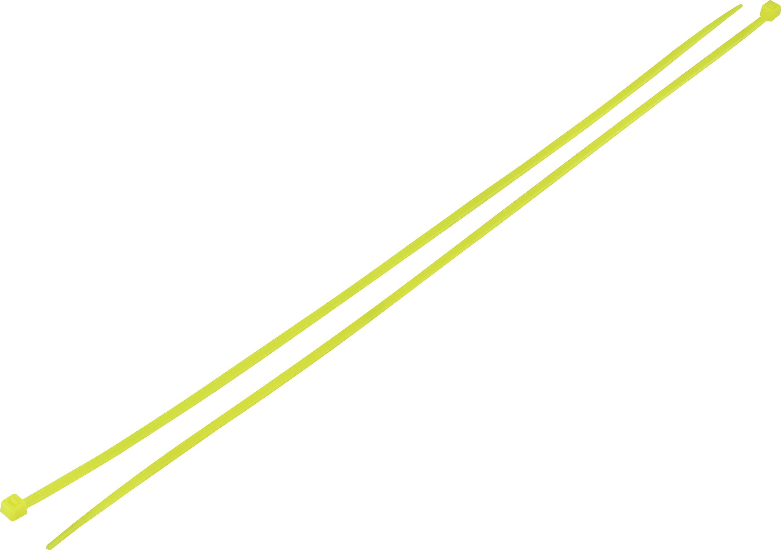 Two yellow cable ties are lying next to each other on a white background.