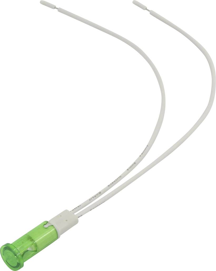 Green light-emitting diode with two white connecting cables. Primarily used in electronic circuits to indicate status.