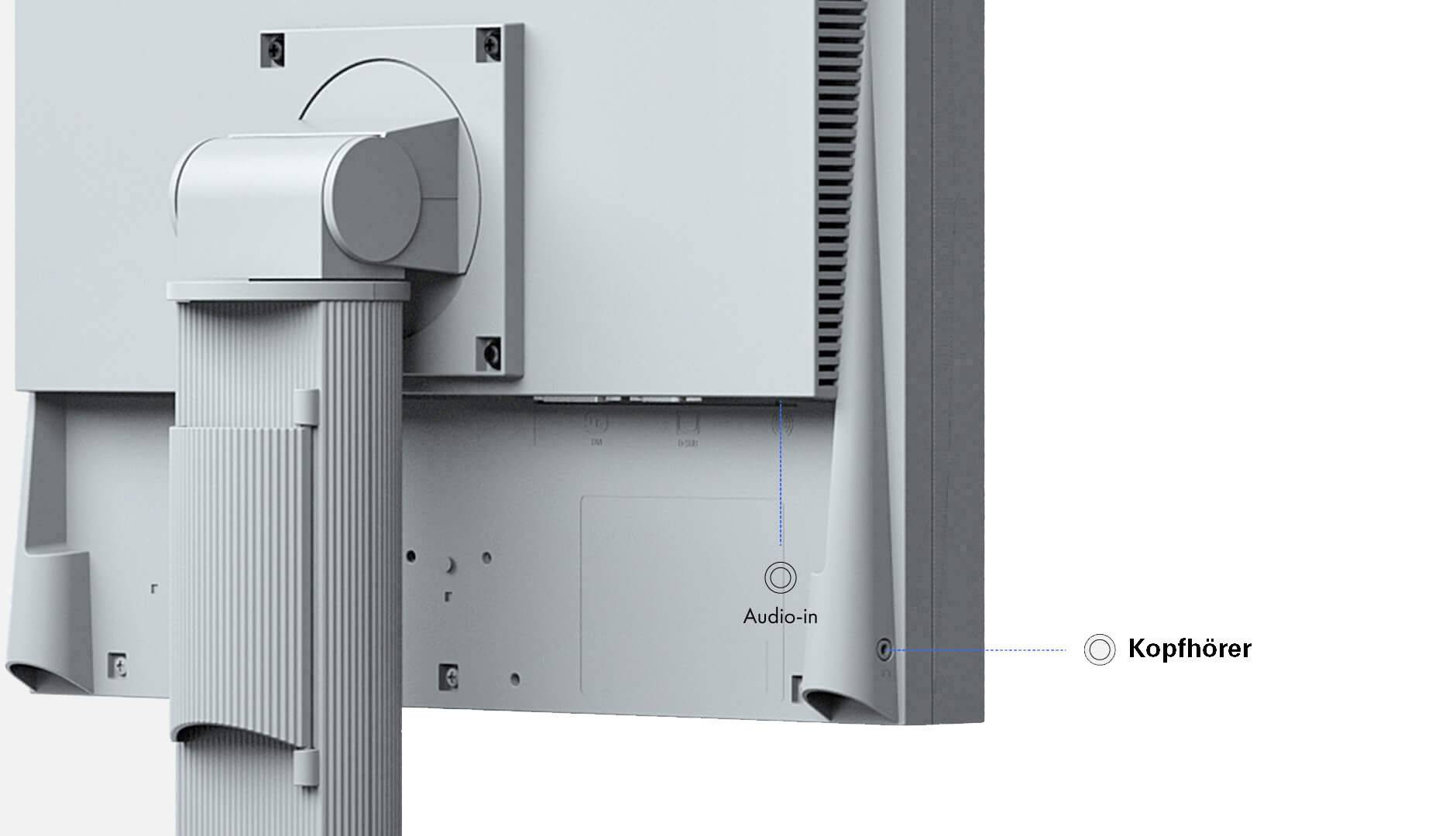 Rear view of a computer monitor with detailed markings for "Audio Input" and "Headphones" connection points.