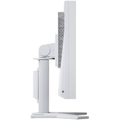 Side view of a modern, grey computer monitor with a ribbed stand and ventilation slots on the back.