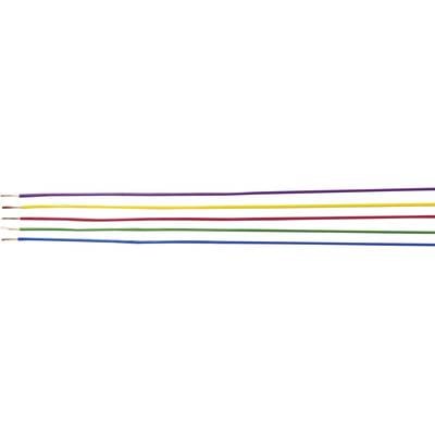 Five electrical wires in different colours: purple, yellow, red, green and blue, arranged horizontally on a white background.
