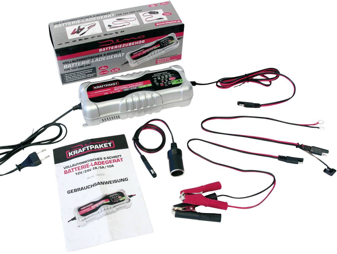 Battery charger set with accessories, comprising clamps, cables and instructions, packed in a box. For charging car batteries.