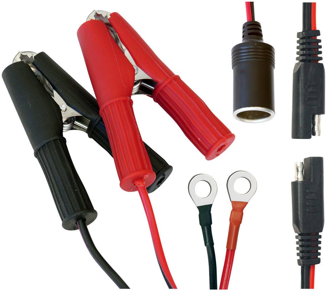 Battery jump lead set with black and red clamps, adapter, and cable rings for car batteries.
