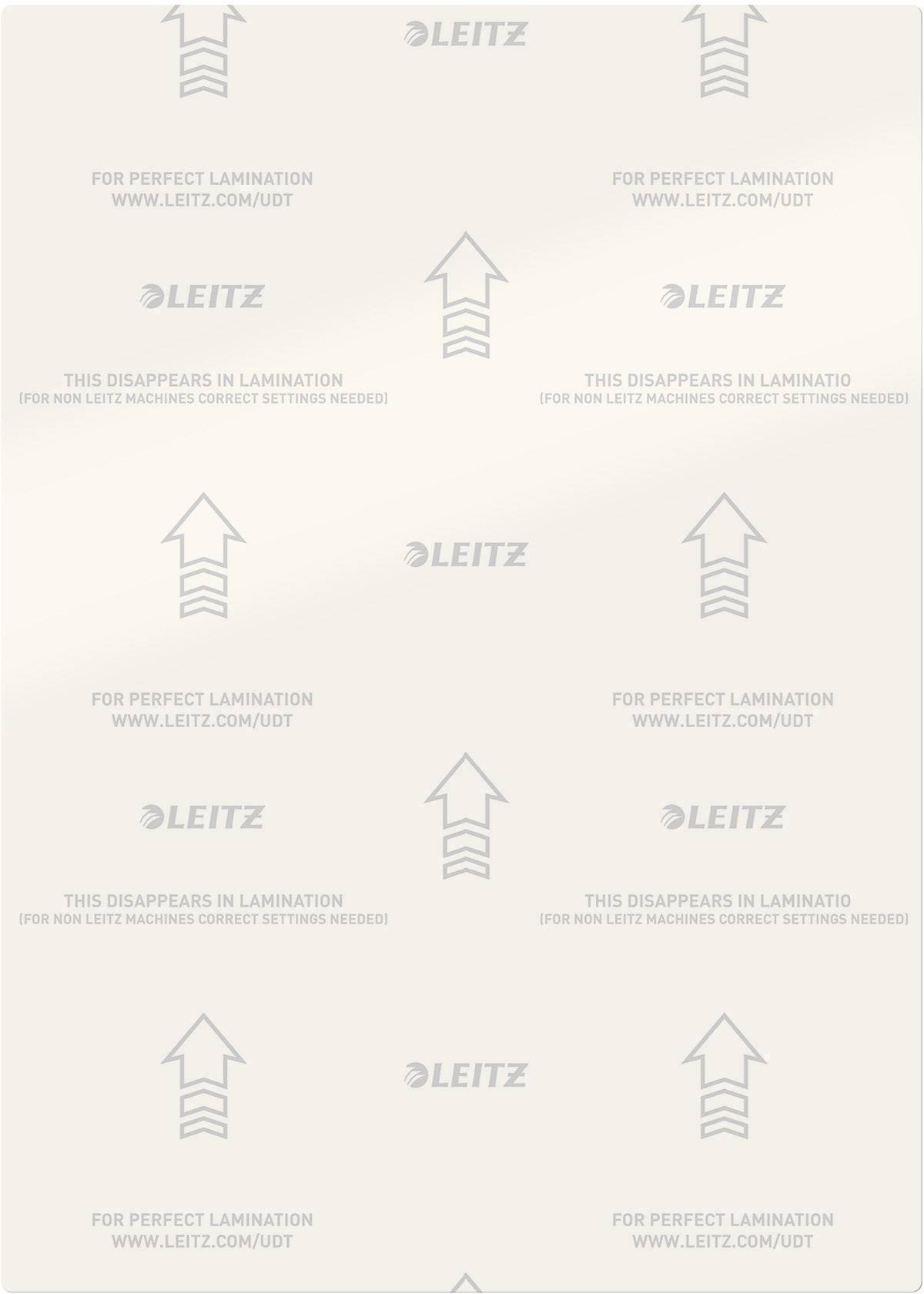 Sheet with light grey arrows pointing upwards, the word 'Leitz' and instructions for lamination. Suitable for laminating machines with correct settings.