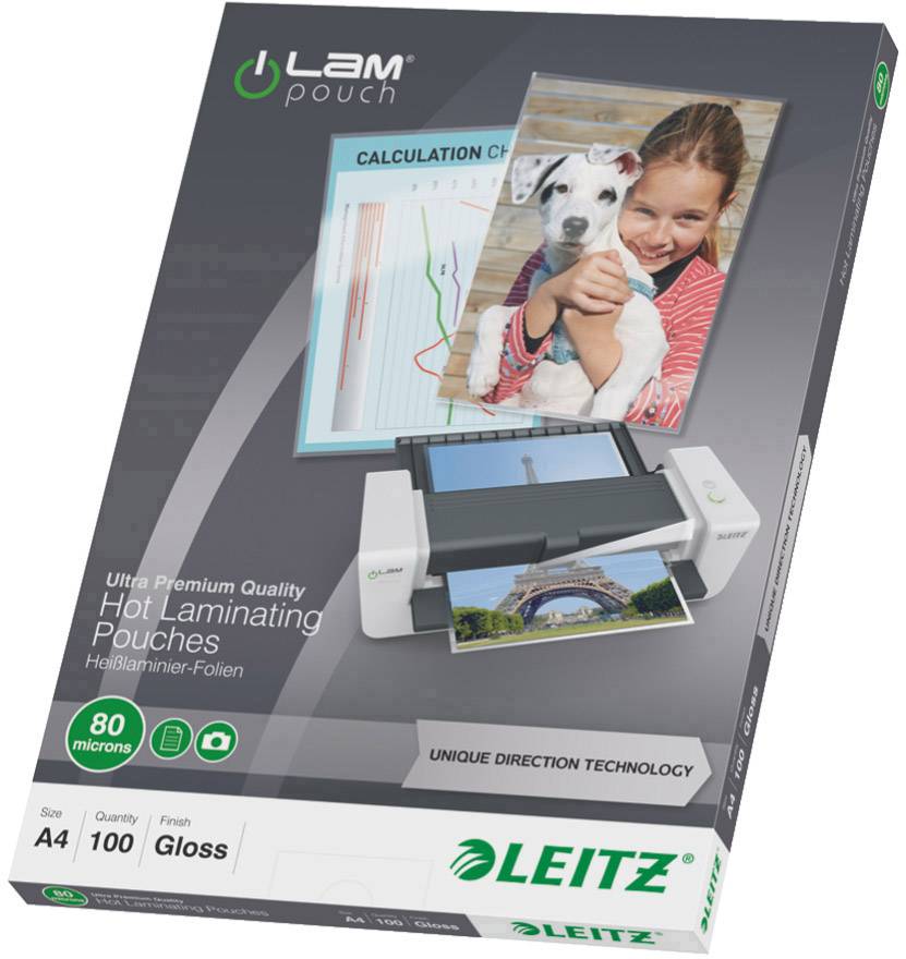 Packaging of a Leitz Laminating Pouches Box. Shows a laminating device and a laminated photo, with text 'Hot Laminating Pouches', A4, 100 Sheets, 80 Microns.
