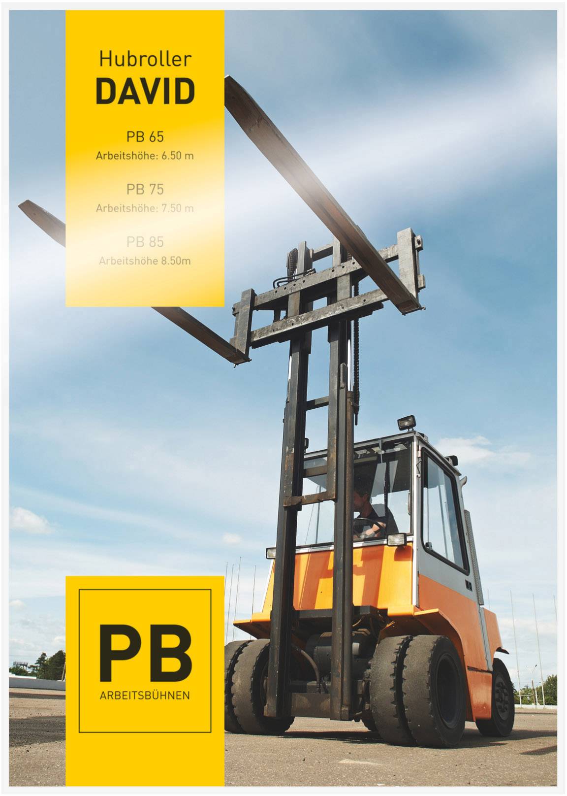 A pallet truck lifts a wooden pallet into the air. Yellow boxes show models and working heights: PB 65 (6.50 m), PB 75 (7.50 m), PB 85 (8.50 m).