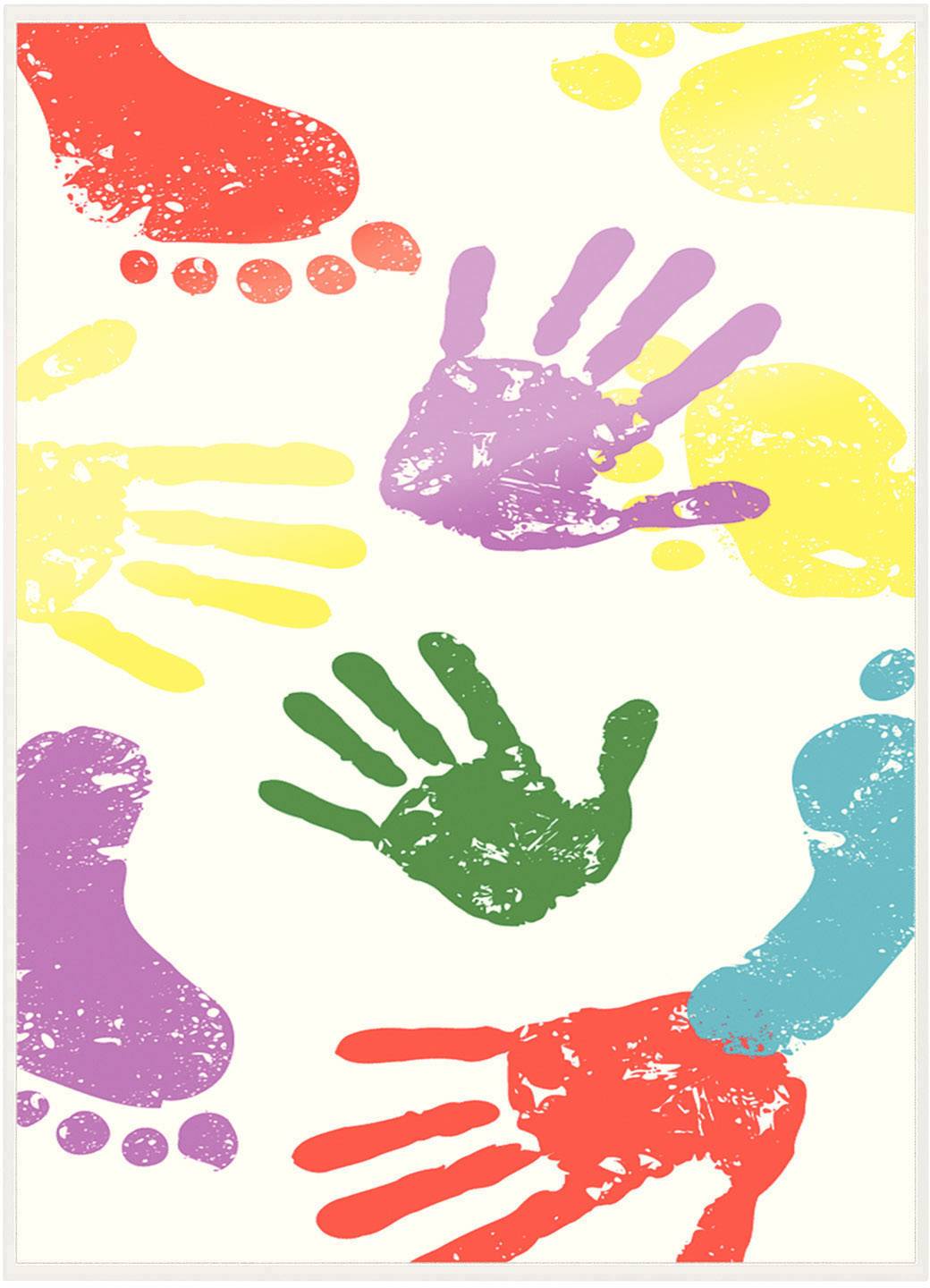 Multicoloured hand and footprints on a white background, representing movement and diversity.