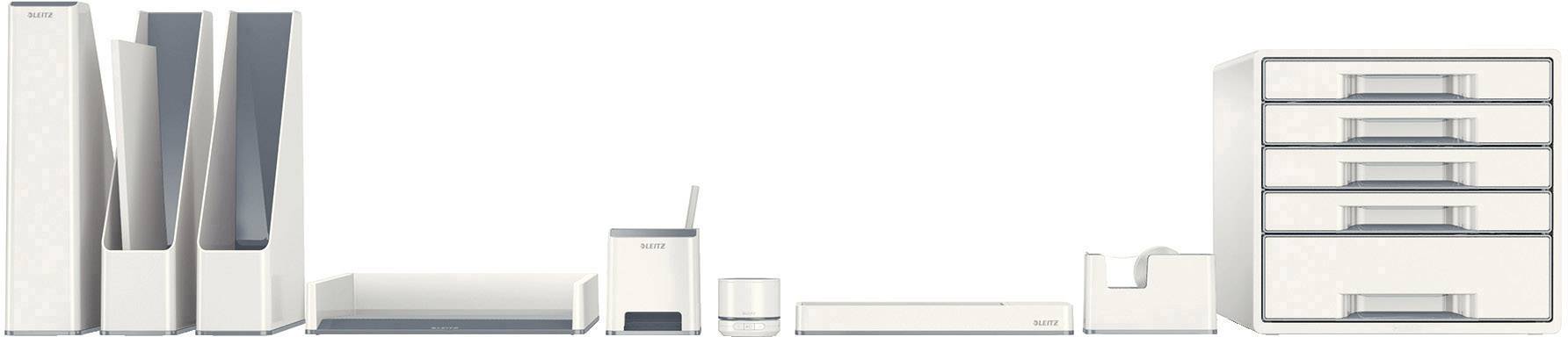 White office organisational items, including file folders, waste bin, letter tray, pencil holder, stapler and drawer system, arranged in front of a neutral background.