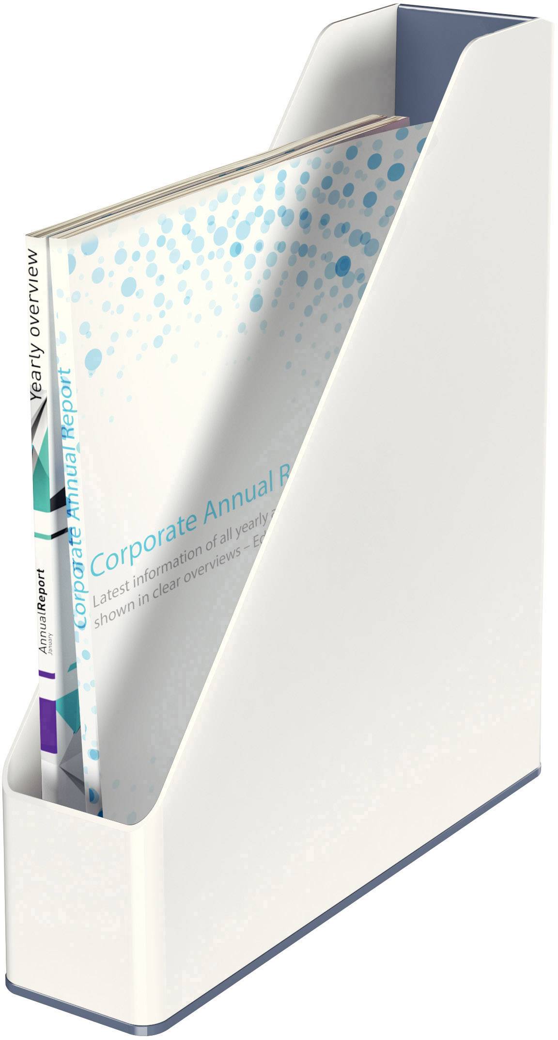 Magazine rack with two documents: 'Corporate Annual Report' and 'Yearly Overview'. Shelf-like open side displays the titles of the reports.