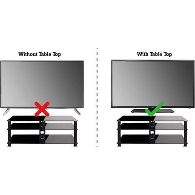 The image shows two televisions on shelves. On the left: a television without a shelf, marked with a red 'X'. On the right: a television with a shelf, marked with a green tick.