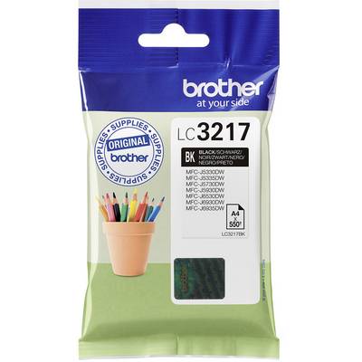 Packaging for Brother LC3217BK Black Ink Cartridge. Suitable for multiple Brother printer models. Capacity: 550 pages.