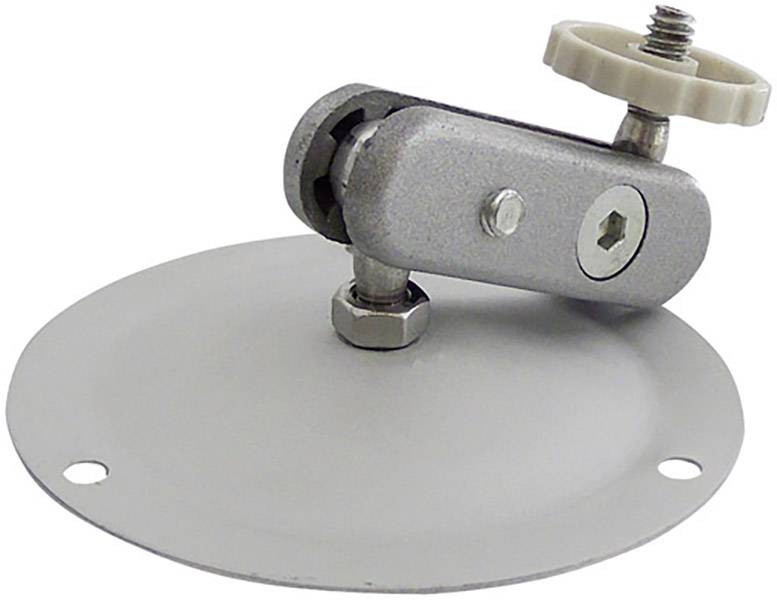 A round, silver metal bracket with an adjustable joint and screw, for wall or ceiling mounting of devices.
