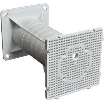A white, square plastic ventilation grille cover with a cylindrical pipe connection.