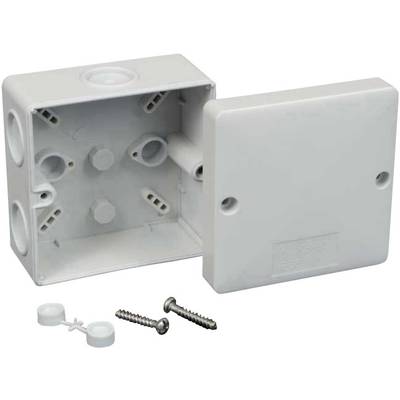 White, rectangular plastic junction box with open cover; two screws and two clamps are lying beside it.