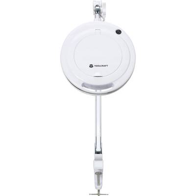 Round white cable reel with mounting bracket and visible 'TOOLCRAFT' logo. Ideal for organising cables in workshops.