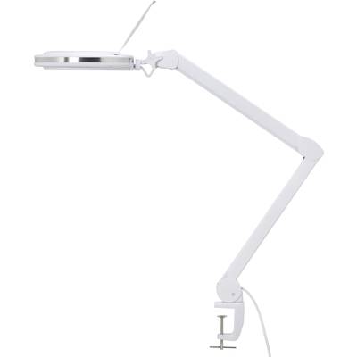 White, foldable desk lamp with round lampshade and clip for table mounting. Suitable for work or writing desks.