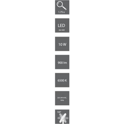 '1.75x magnification, LED 60x SMD, 10W power, 900 lumens, 6500 Kelvin, Voltage 220-240VAC, 50Hz, 10% residual light.'