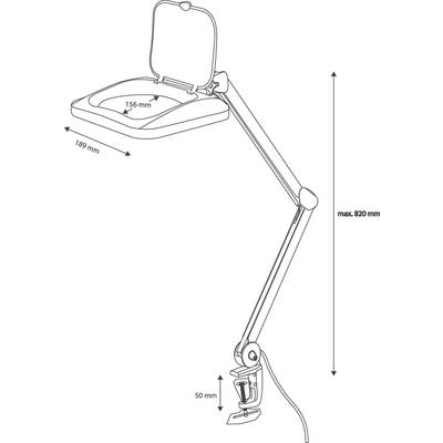 Black and white technical drawing of a desk lamp with an adjustable arm; dimensions for parts indicated.