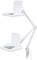 A white, adjustable desk lamp with two magnifying attachments, mounted on a desk. Ideal for precision work.