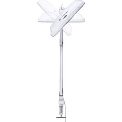 A white, adjustable ceiling light with a flexible arm and a dimmer, suitable for illuminating a workspace.