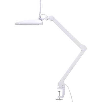 White desk lamp with articulated arm and clip for mounting. Minimalist design for use in offices or workspaces.