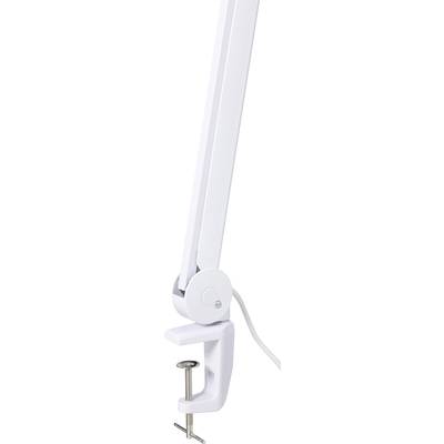 White desk lamp with adjustable arm and screw clamp for attaching to a table edge.