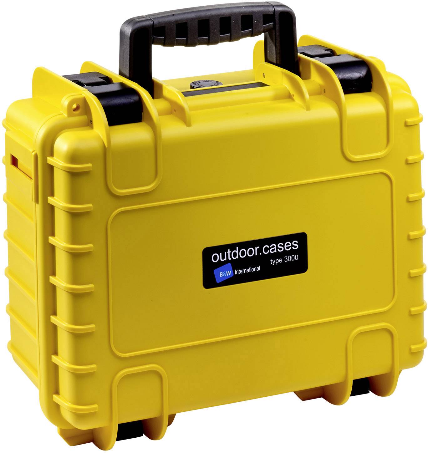 Yellow hard-shell suitcase with black handle, suitable for outdoor use, marked with 'outdoor.cases type 3000'.