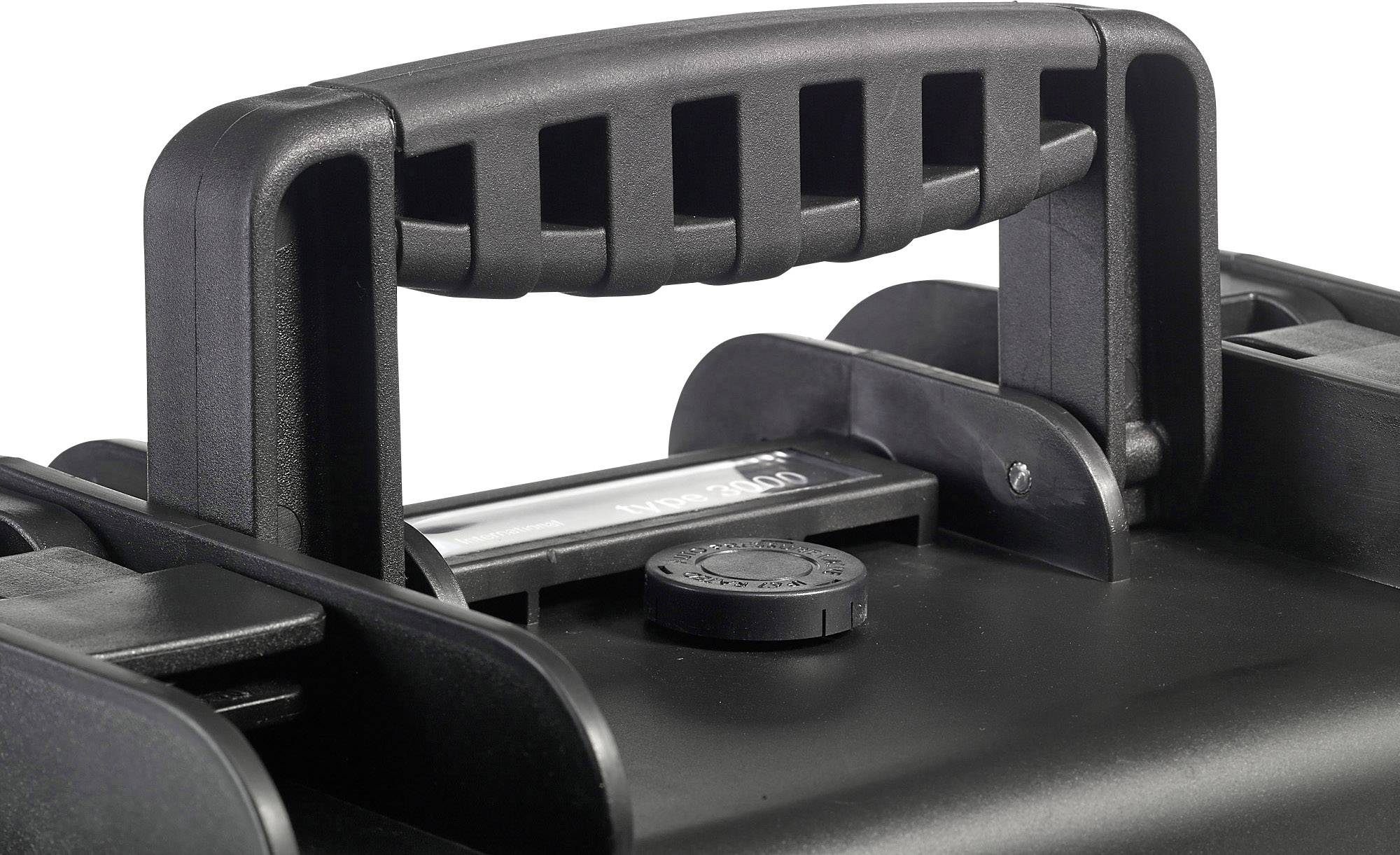 A black plastic handle on a device with textured edges, screw closure, and mechanical details.