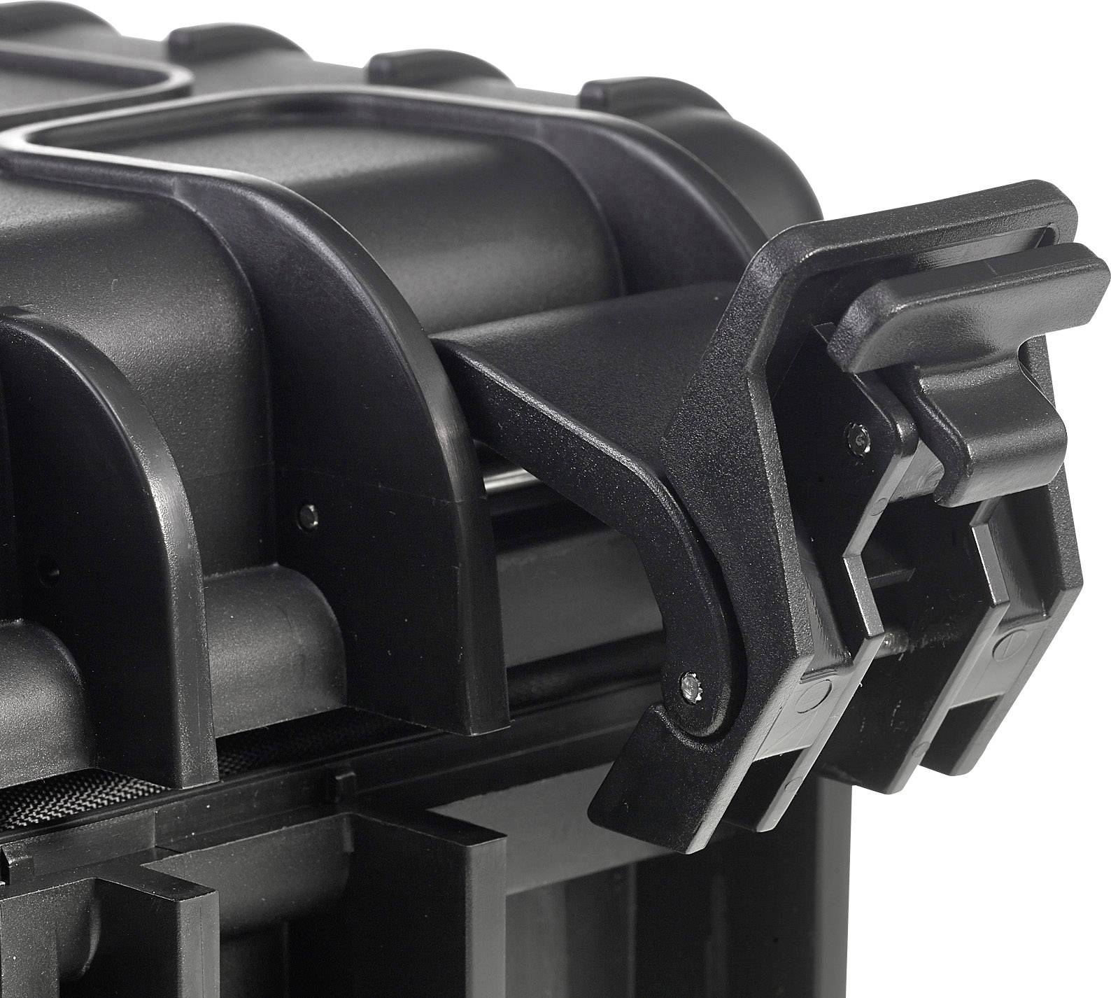 Close-up of a black plastic lock on a robust suitcase, with a strong locking mechanism securing the contents.