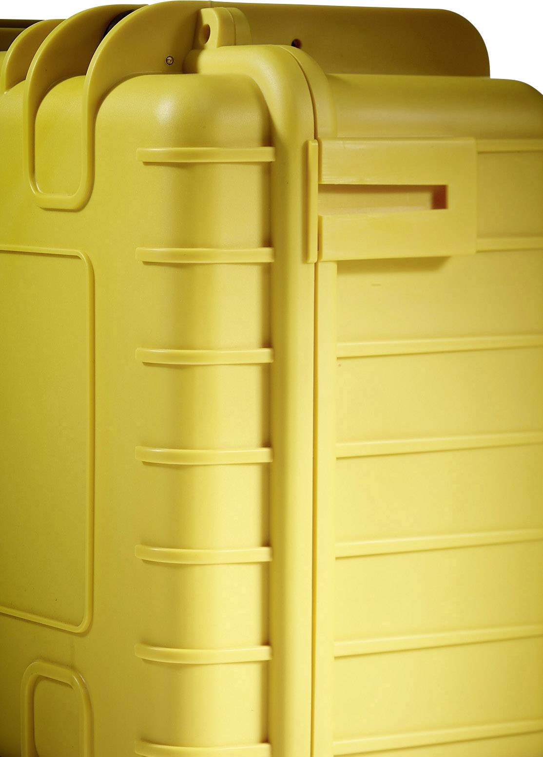Yellow, robust plastic case with vertical ribs and side handle. Ideal for securely transporting delicate equipment.