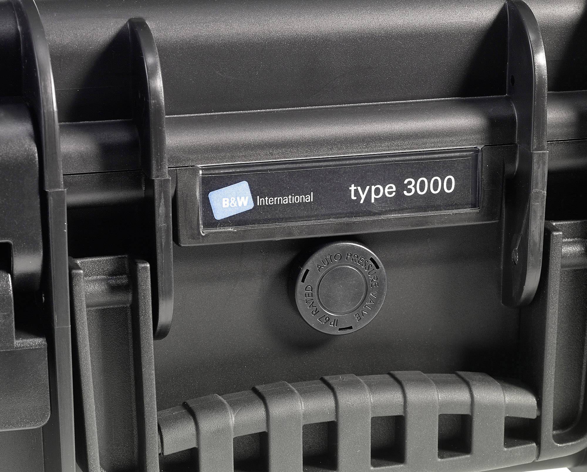 Black, robust suitcase by B&W International, model 'type 3000', identifiable by the label inscription.