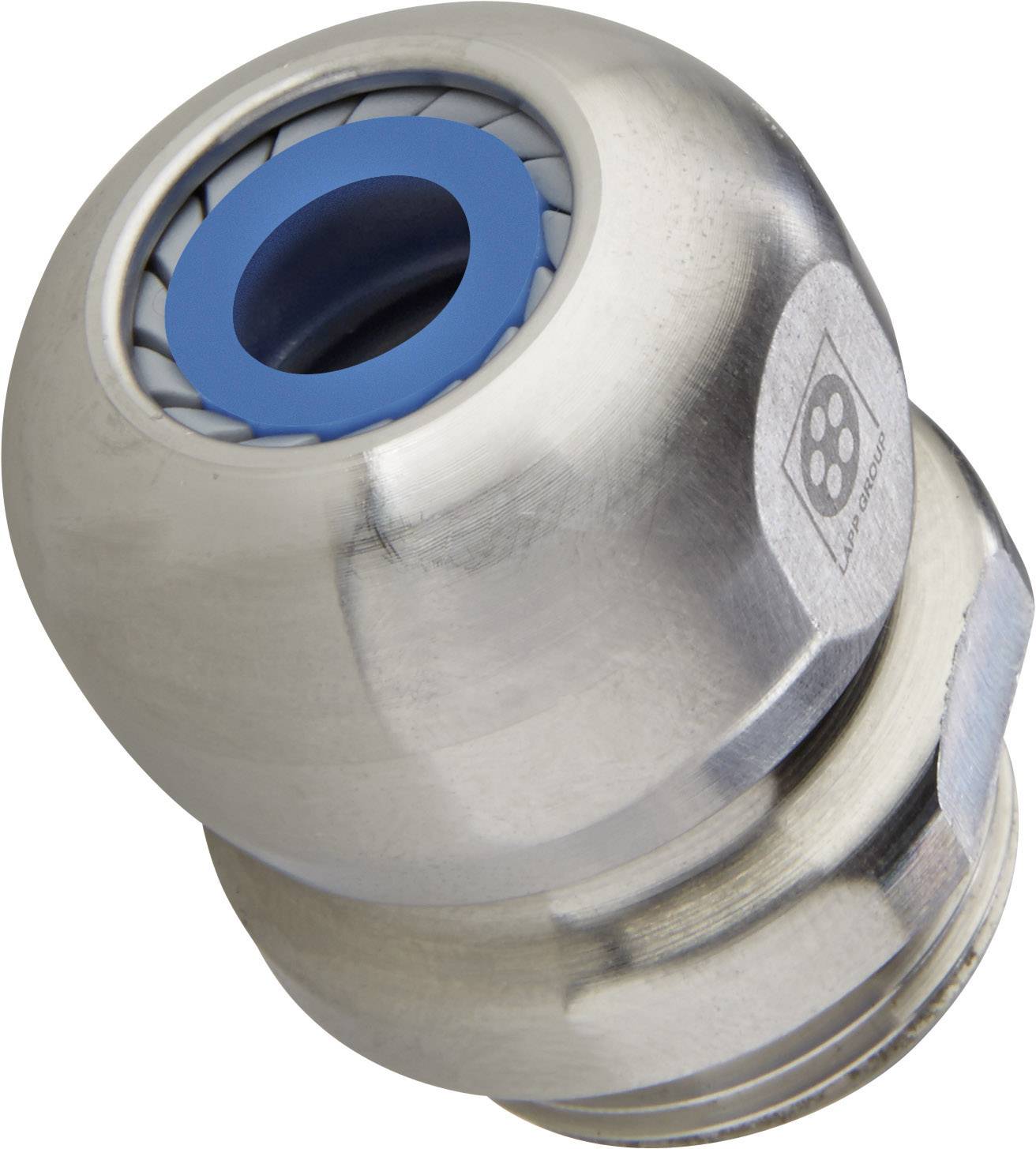 Close-up of a metal cable gland system with a blue sealing ring and hexagonal screw section, suitable for industrial applications.
