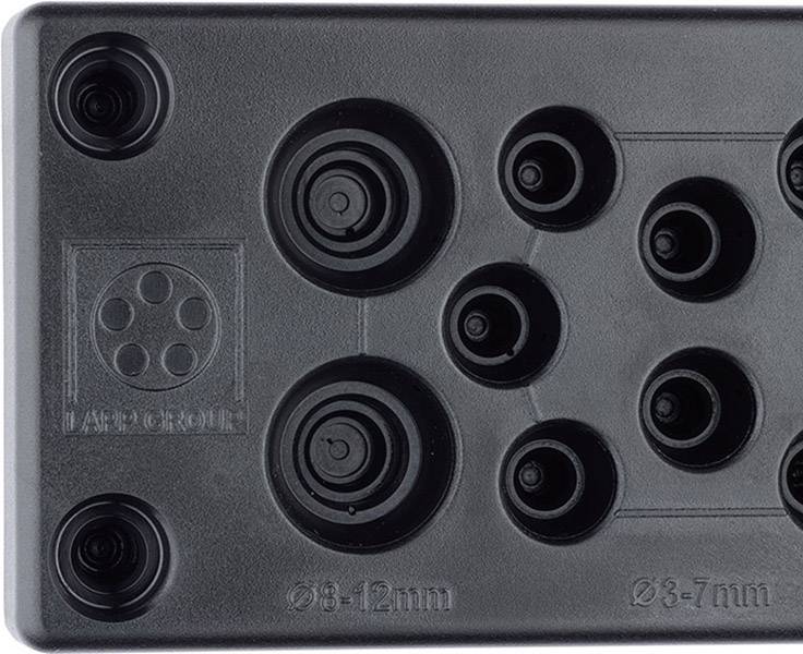 'Assortment box' with various sealing buttons made of black material, suitable for cable diameters of 3-12 mm.