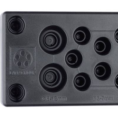 'Assortment box' with various sealing buttons made of black material, suitable for cable diameters of 3-12 mm.