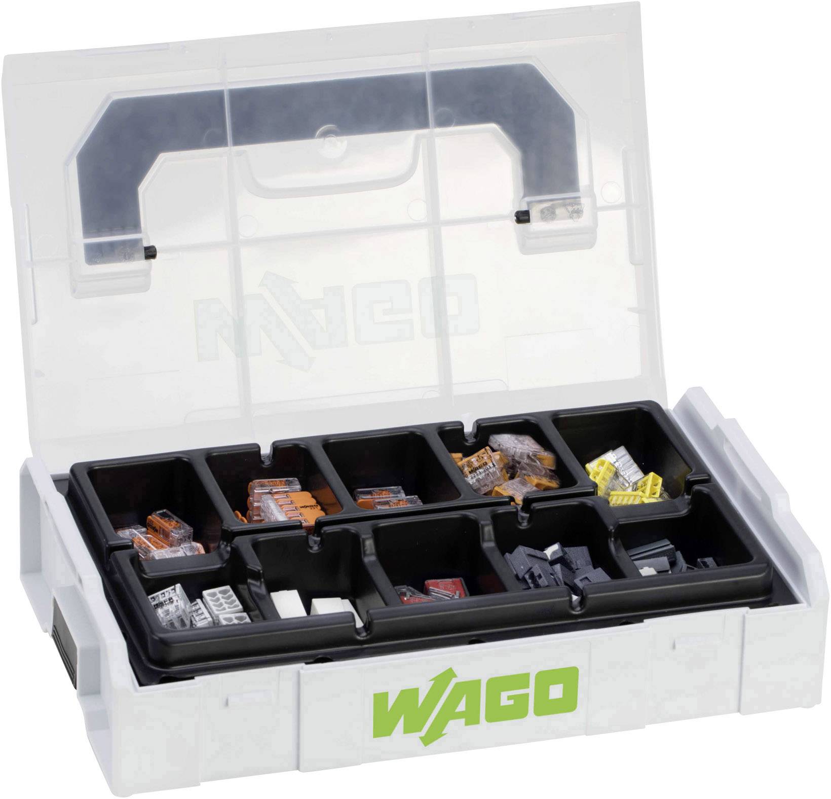 An open sorting box with eight compartments containing various WAGO connection terminals.