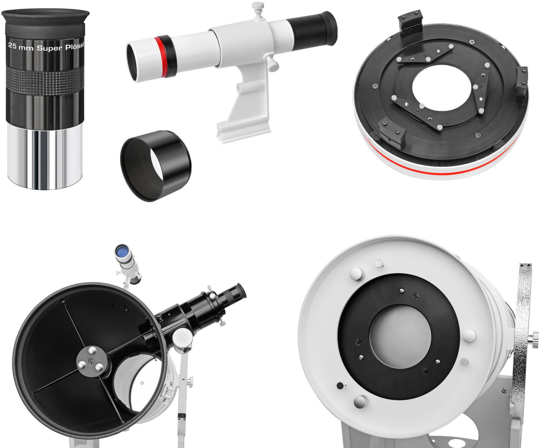 Telescope Components: Eyepiece, Finder Scope, Focus Adapter, and Mirror Mount. Showing various views of a telescope system.
