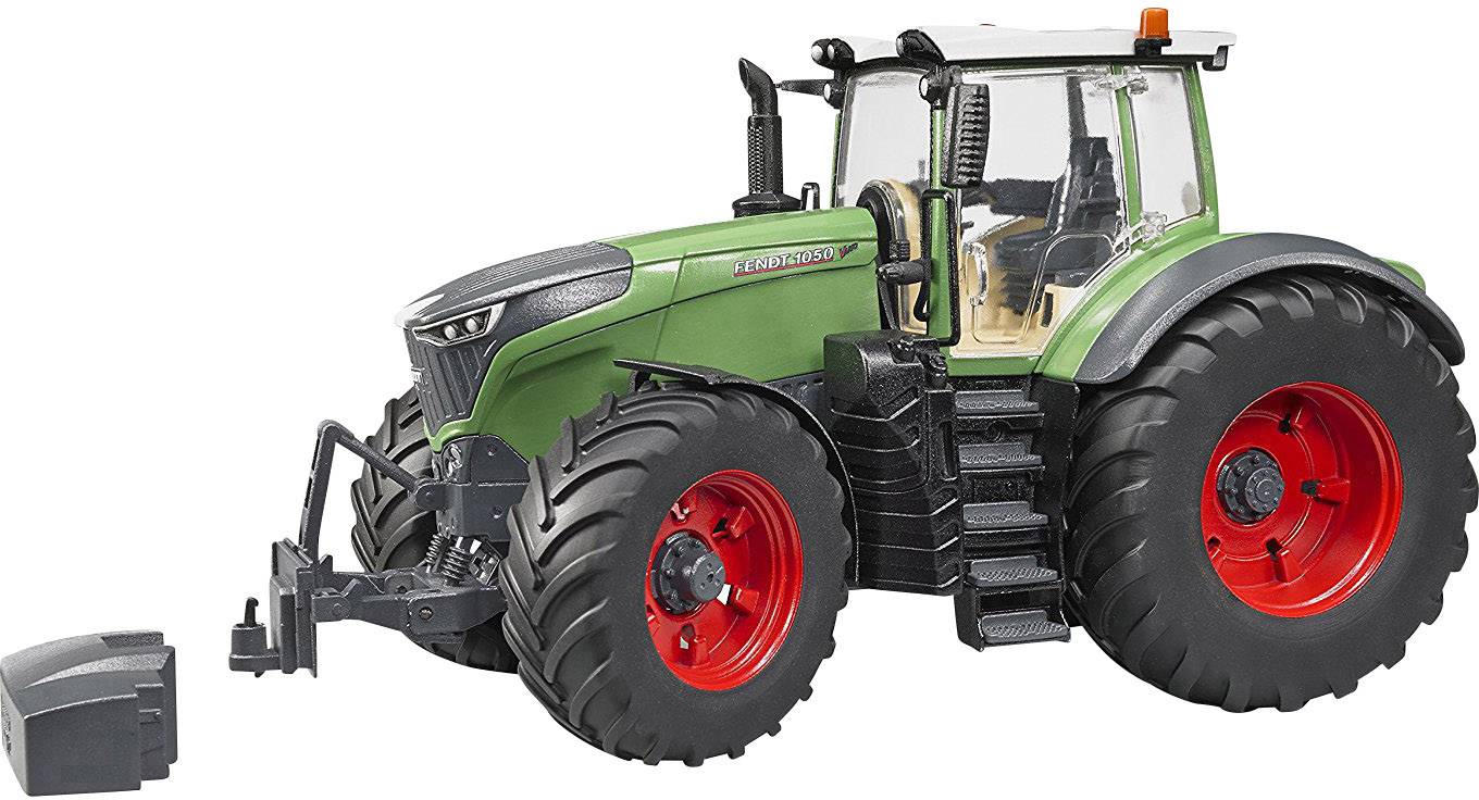 A green tractor with large red wheels and a black driver's seat stands upright.