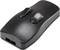 Two-button remote control in black, ergonomic design, suitable for controlling electronic devices.
