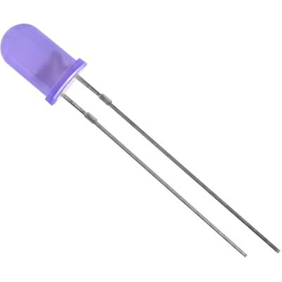 A purple LED with two long, thin metal legs for electrical connection.
