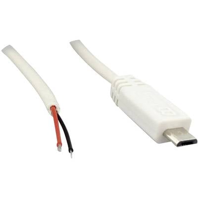 A white USB cable, partially stripped, reveals red and black wires next to an intact USB plug.