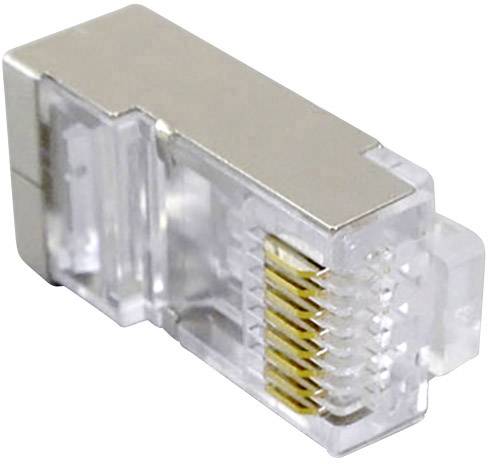 A RJ45 plug for network cables, with eight gold-plated contacts for reliable data transmission in network applications.
