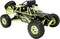 Remote-controlled off-road car, black and green, with large tyres and a protective roll cage, suitable for rough terrain.