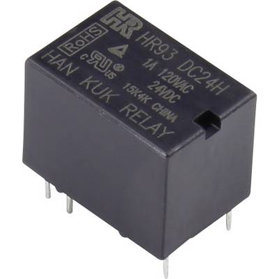 A black relay with the inscription 'HR93 DC24H'. It has four metal contacts and is designed for 24V DC.